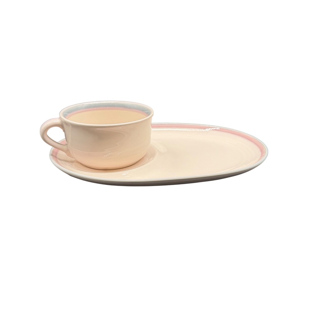 Pfaltzgraff Summer Breeze Snack Set Soup Cup and Oval‎ Plate Pink Blue Band USA
